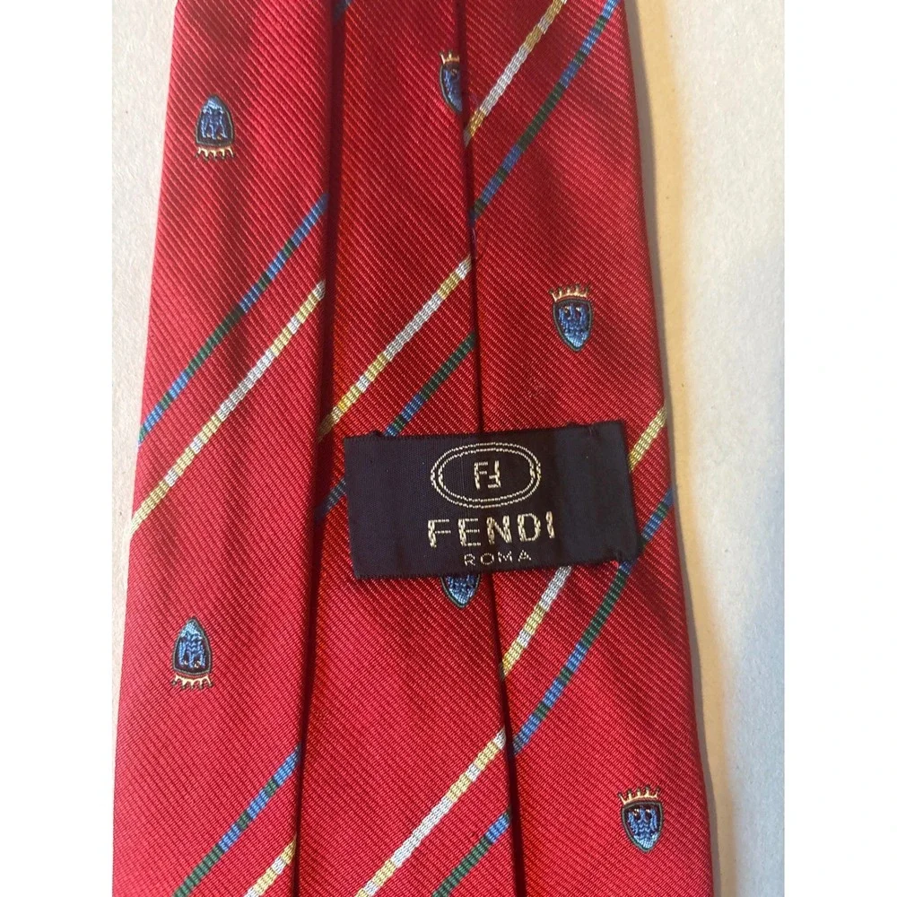 Fendi Silk‎ Necktie Mens OS Red Good Striped Crest Regimental Made in Italy